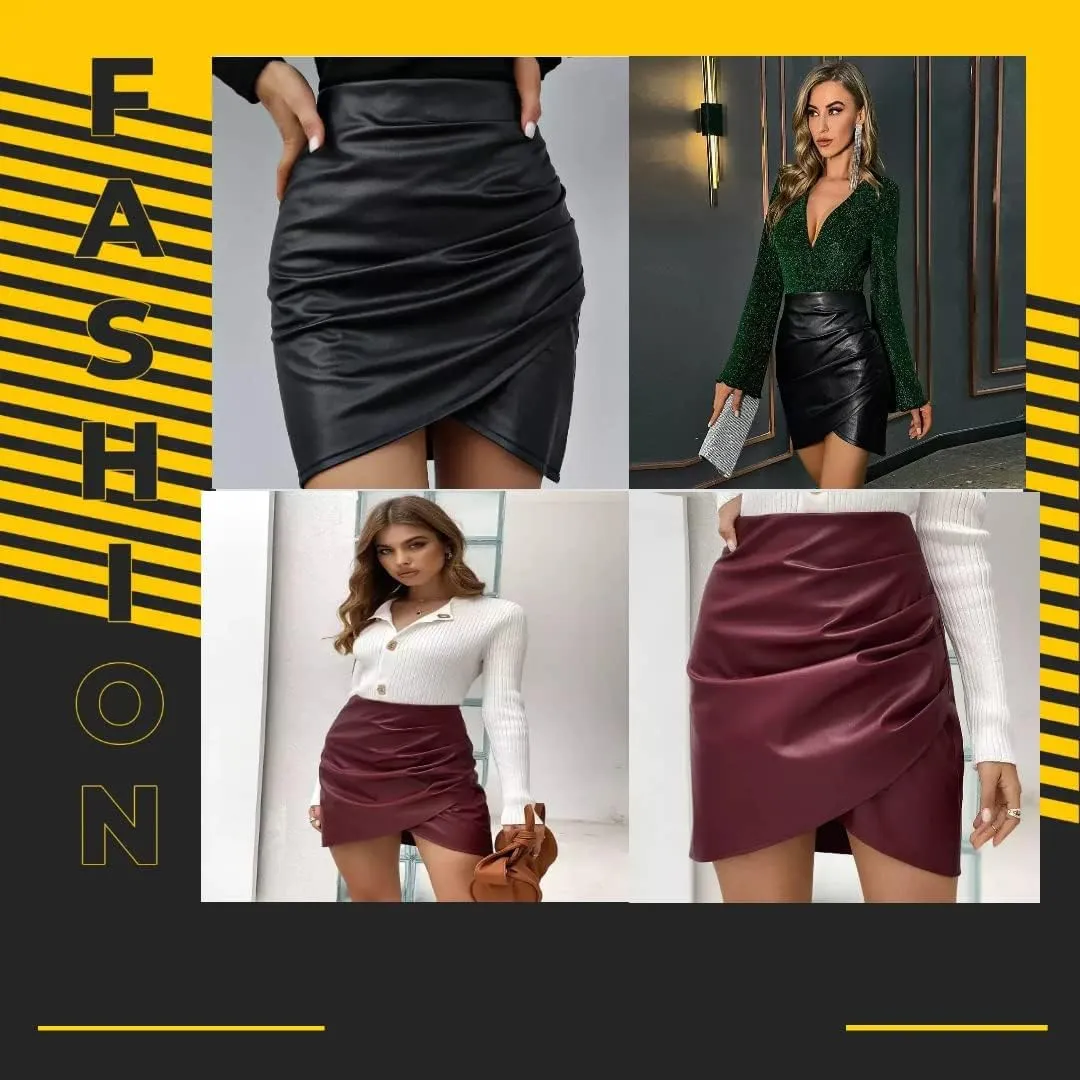 2023 High Waist Pu Leather Women's Elegant Mini Skirt Bodycon A-Line