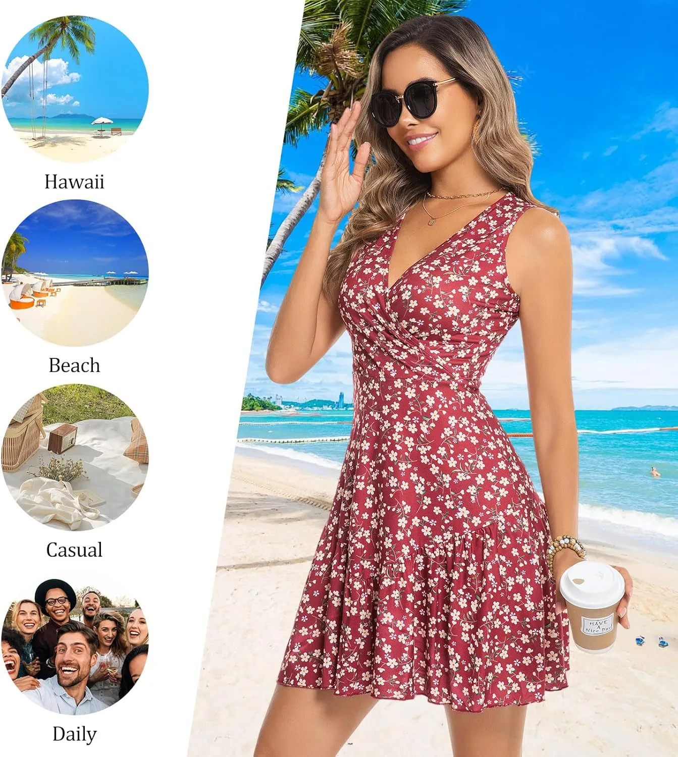 3 Pack Summer Dresses for Women 2025 Sleeveless Sexy Wrap V Neck Floral Sundress Tank Dress