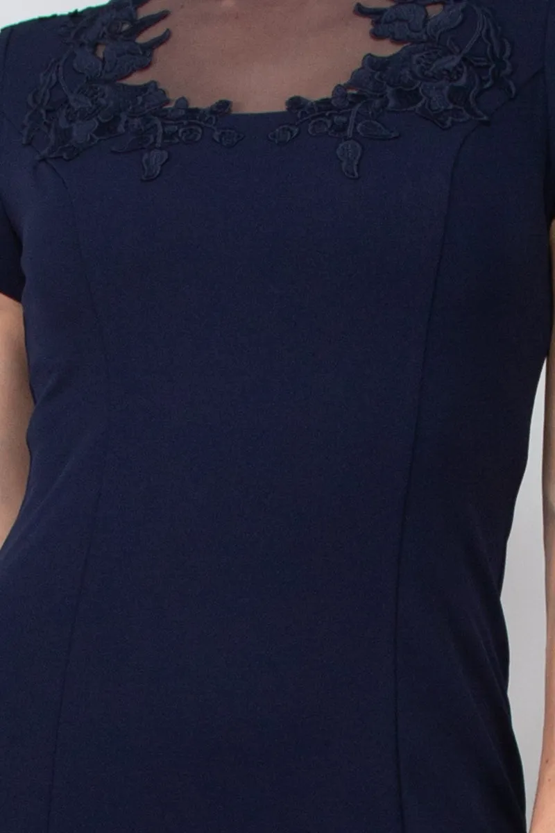 Aidan Mattox Illusion Embellished Crew Neck Short Sleeve Trumpet Keyhole Back Concealed Zipper Back Crepe Gown