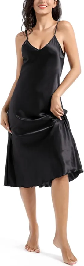 ALCEA ROSEA Women's V Neck Long Satin Slip Dress Adjustable Spaghetti Strap Midi Dress Silky Gown Nightdress Sleepwear AR3830