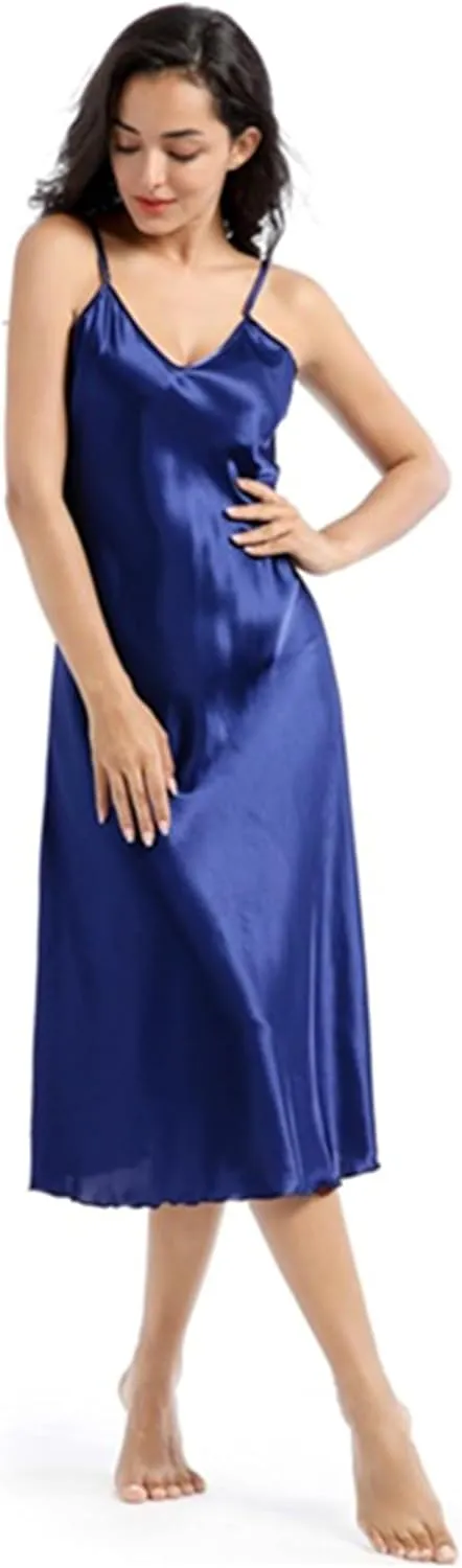 ALCEA ROSEA Women's V Neck Long Satin Slip Dress Adjustable Spaghetti Strap Midi Dress Silky Gown Nightdress Sleepwear AR3830