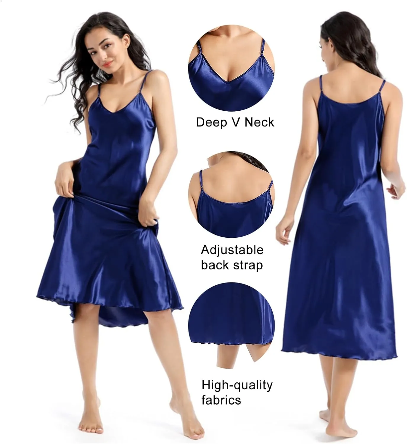 ALCEA ROSEA Women's V Neck Long Satin Slip Dress Adjustable Spaghetti Strap Midi Dress Silky Gown Nightdress Sleepwear AR3830