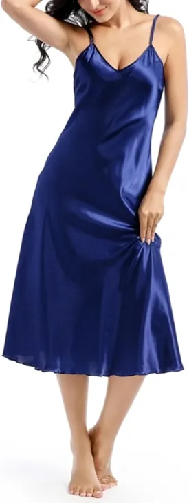 ALCEA ROSEA Women's V Neck Long Satin Slip Dress Adjustable Spaghetti Strap Midi Dress Silky Gown Nightdress Sleepwear AR3830