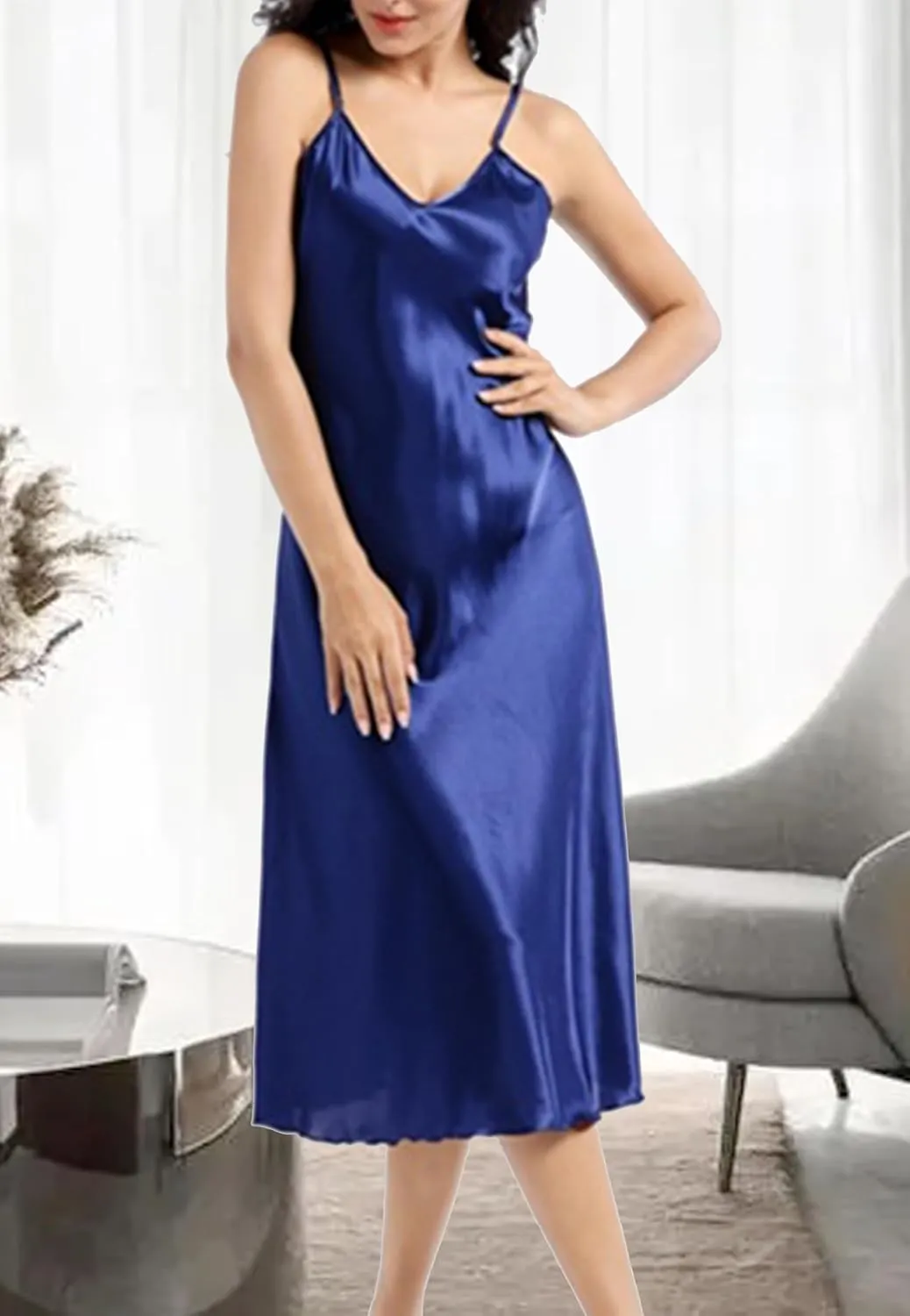 ALCEA ROSEA Women's V Neck Long Satin Slip Dress Adjustable Spaghetti Strap Midi Dress Silky Gown Nightdress Sleepwear AR3830