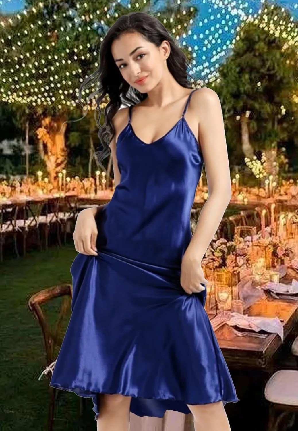 ALCEA ROSEA Women's V Neck Long Satin Slip Dress Adjustable Spaghetti Strap Midi Dress Silky Gown Nightdress Sleepwear AR3830