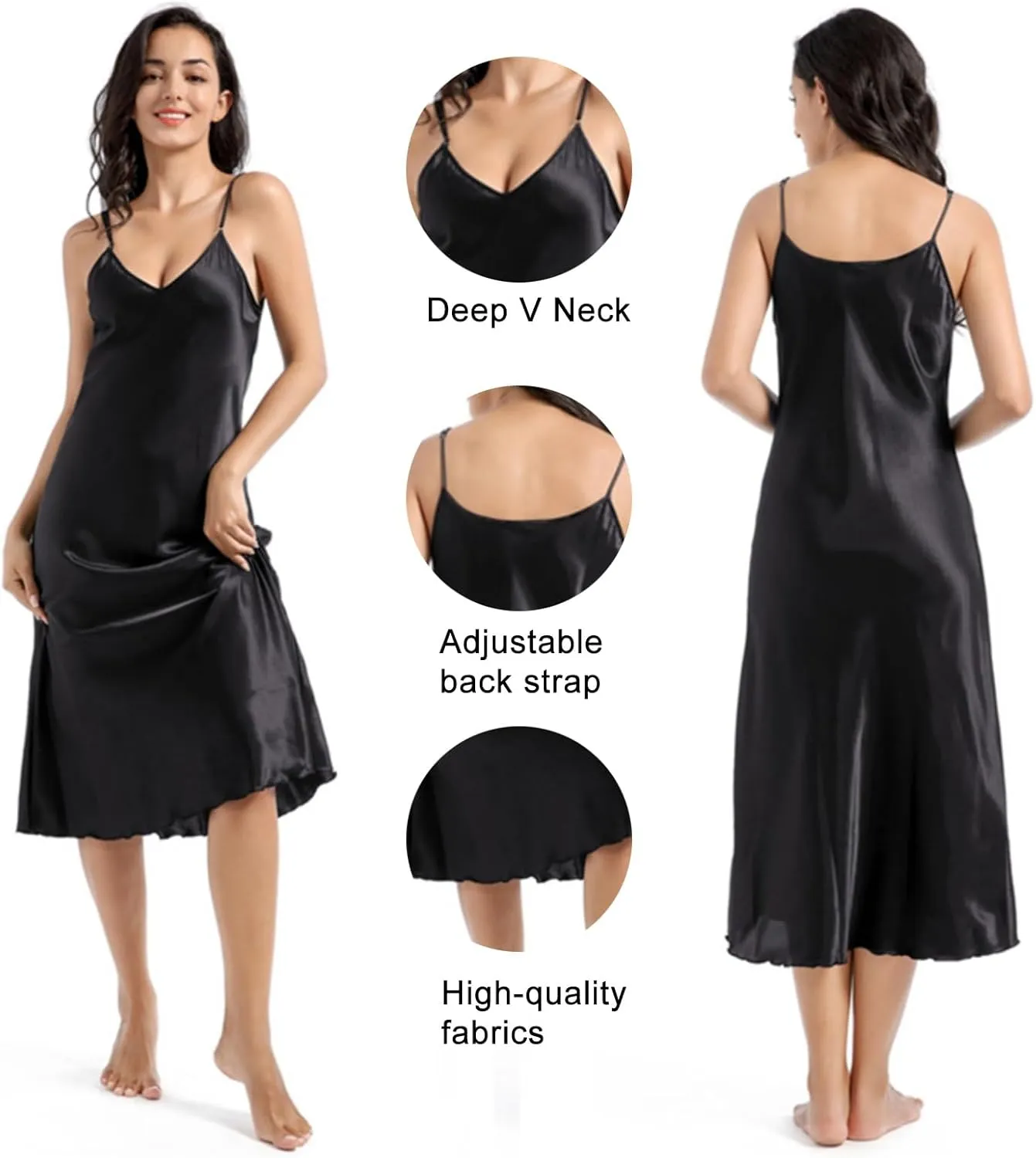 ALCEA ROSEA Women's V Neck Long Satin Slip Dress Adjustable Spaghetti Strap Midi Dress Silky Gown Nightdress Sleepwear AR3830