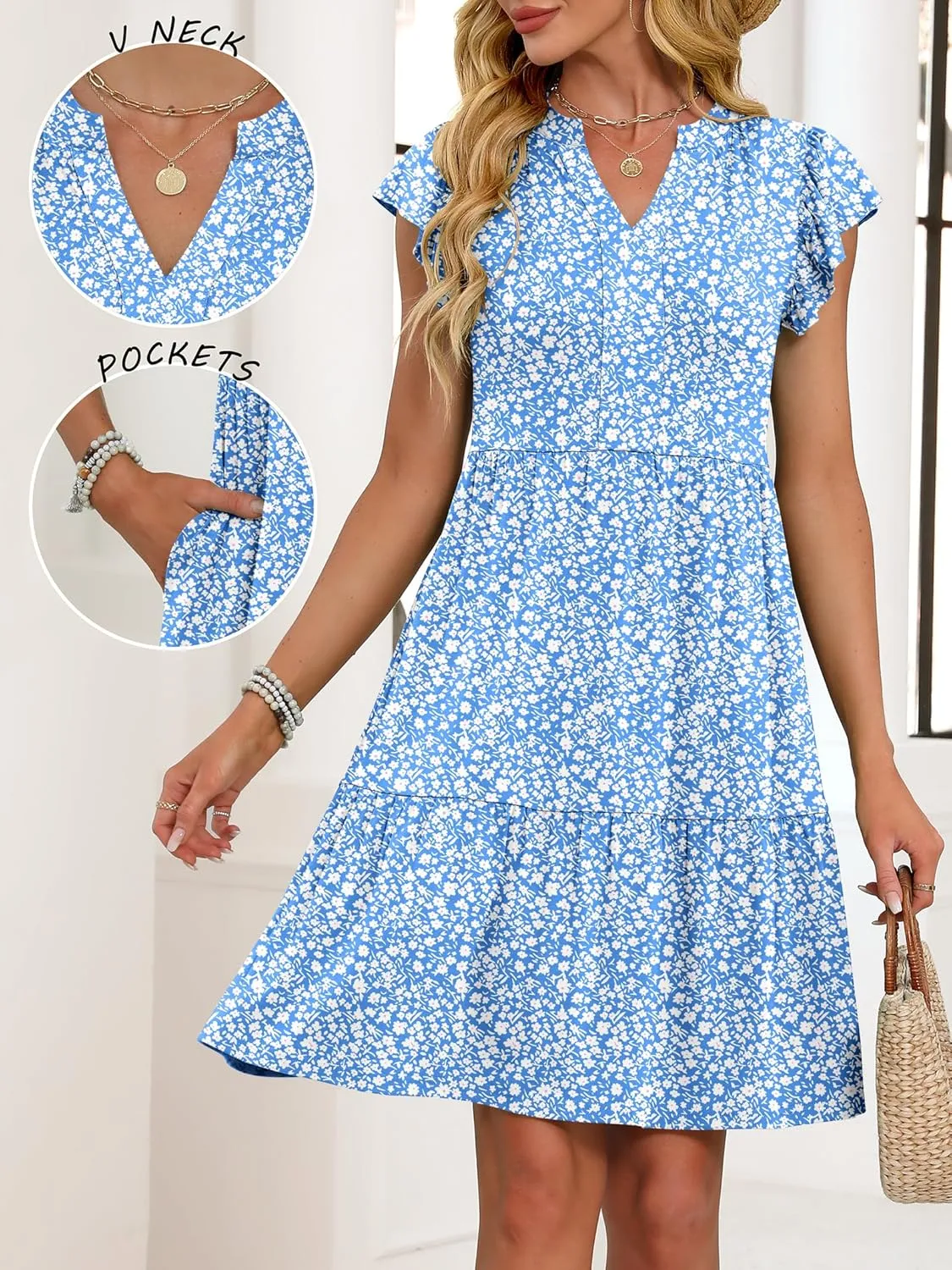 ANRABESS Womens Summer Casual Mini Dress Ruffle Sleeve V Neck Sundress 2025 Fashion Flowy Tiered Boho Beach Vacation Dresses
