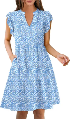 ANRABESS Womens Summer Casual Mini Dress Ruffle Sleeve V Neck Sundress 2025 Fashion Flowy Tiered Boho Beach Vacation Dresses
