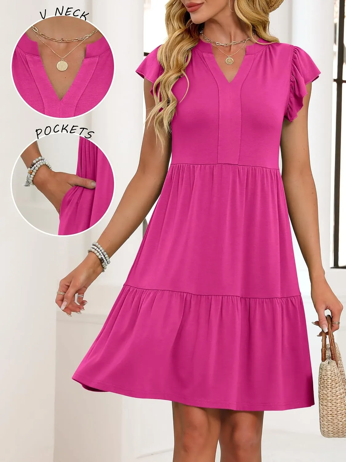 ANRABESS Womens Summer Casual Mini Dress Ruffle Sleeve V Neck Sundress 2025 Fashion Flowy Tiered Boho Beach Vacation Dresses
