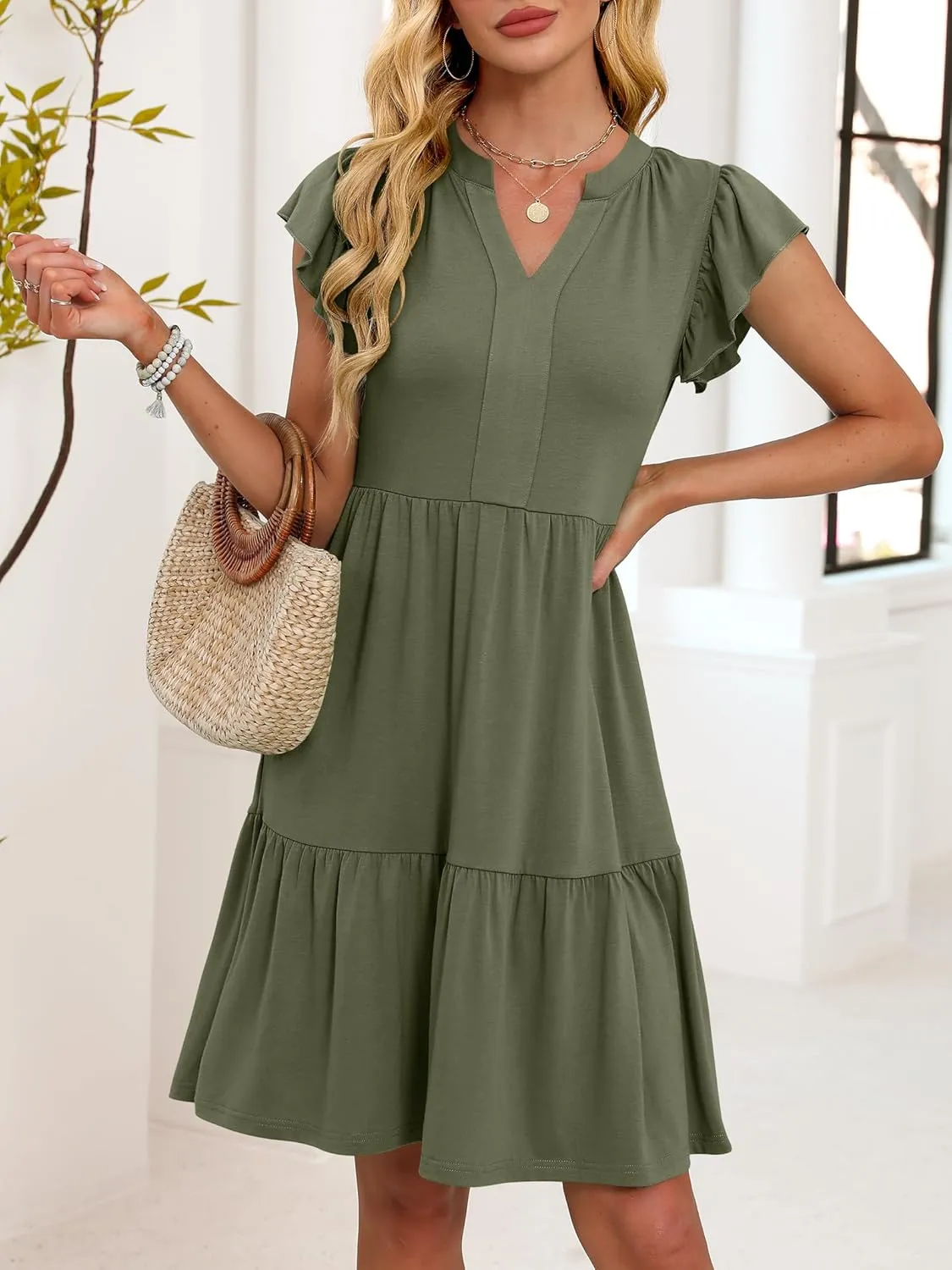 ANRABESS Womens Summer Casual Mini Dress Ruffle Sleeve V Neck Sundress 2025 Fashion Flowy Tiered Boho Beach Vacation Dresses