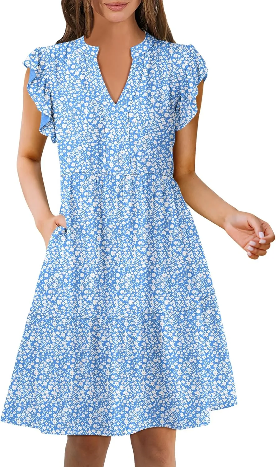 ANRABESS Womens Summer Casual Mini Dress Ruffle Sleeve V Neck Sundress 2025 Fashion Flowy Tiered Boho Beach Vacation Dresses