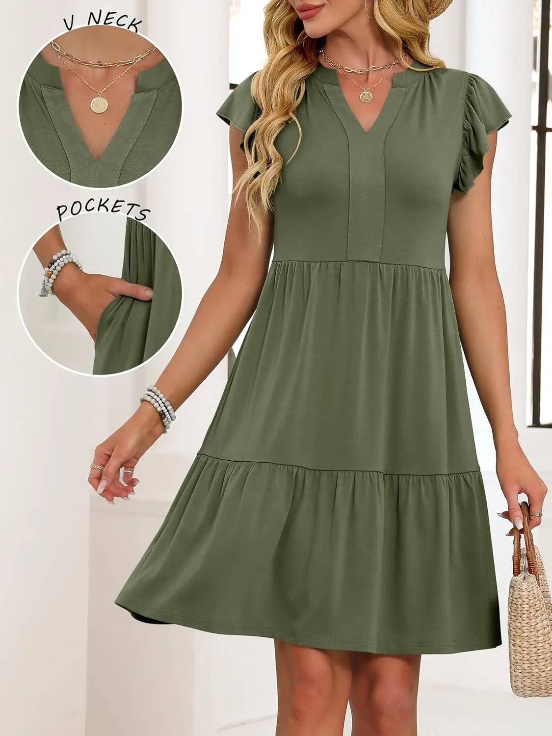 ANRABESS Womens Summer Casual Mini Dress Ruffle Sleeve V Neck Sundress 2025 Fashion Flowy Tiered Boho Beach Vacation Dresses