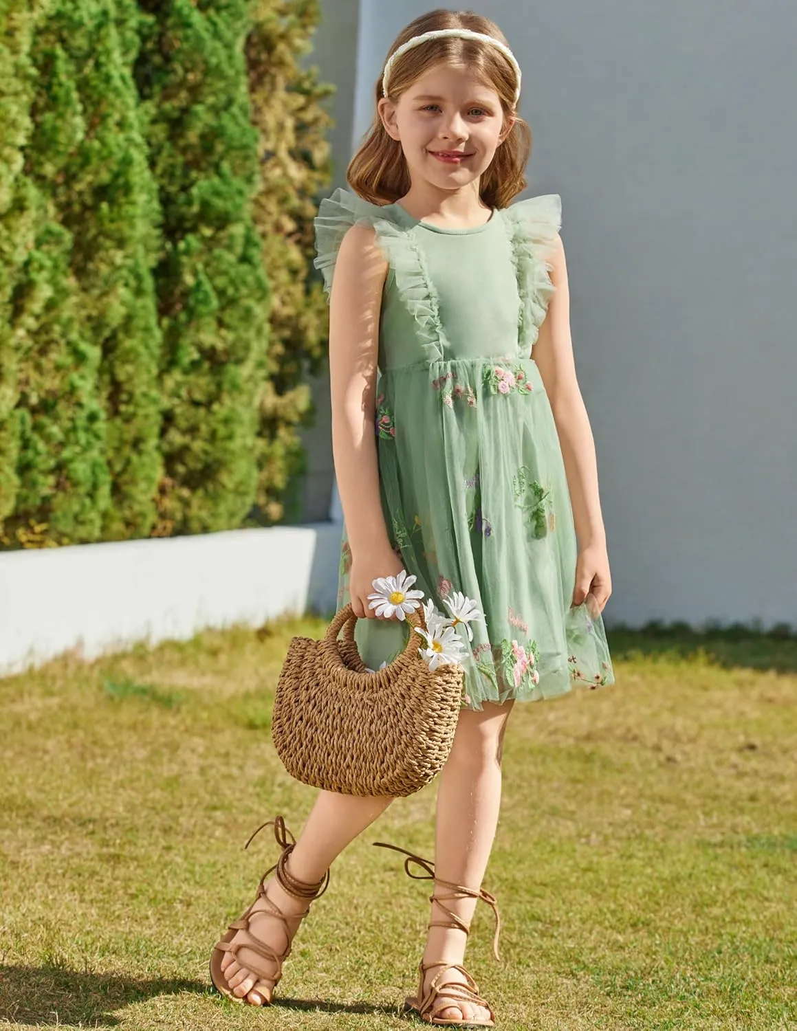 Arshiner Toddler Dress Summer Ruffle Sleeve V-Back Tie Waist Flower Girl Dresses Wedding Tulle Outfit 2-8Y