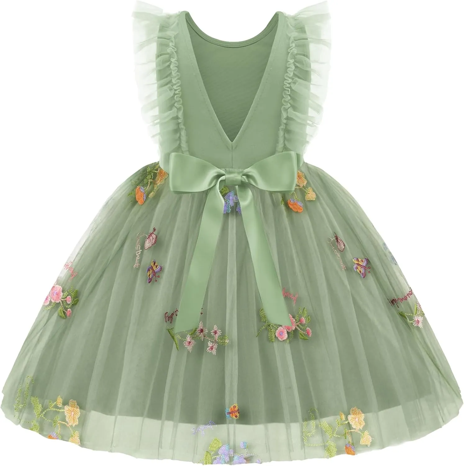 Arshiner Toddler Dress Summer Ruffle Sleeve V-Back Tie Waist Flower Girl Dresses Wedding Tulle Outfit 2-8Y