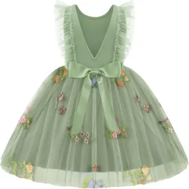 Arshiner Toddler Dress Summer Ruffle Sleeve V-Back Tie Waist Flower Girl Dresses Wedding Tulle Outfit 2-8Y