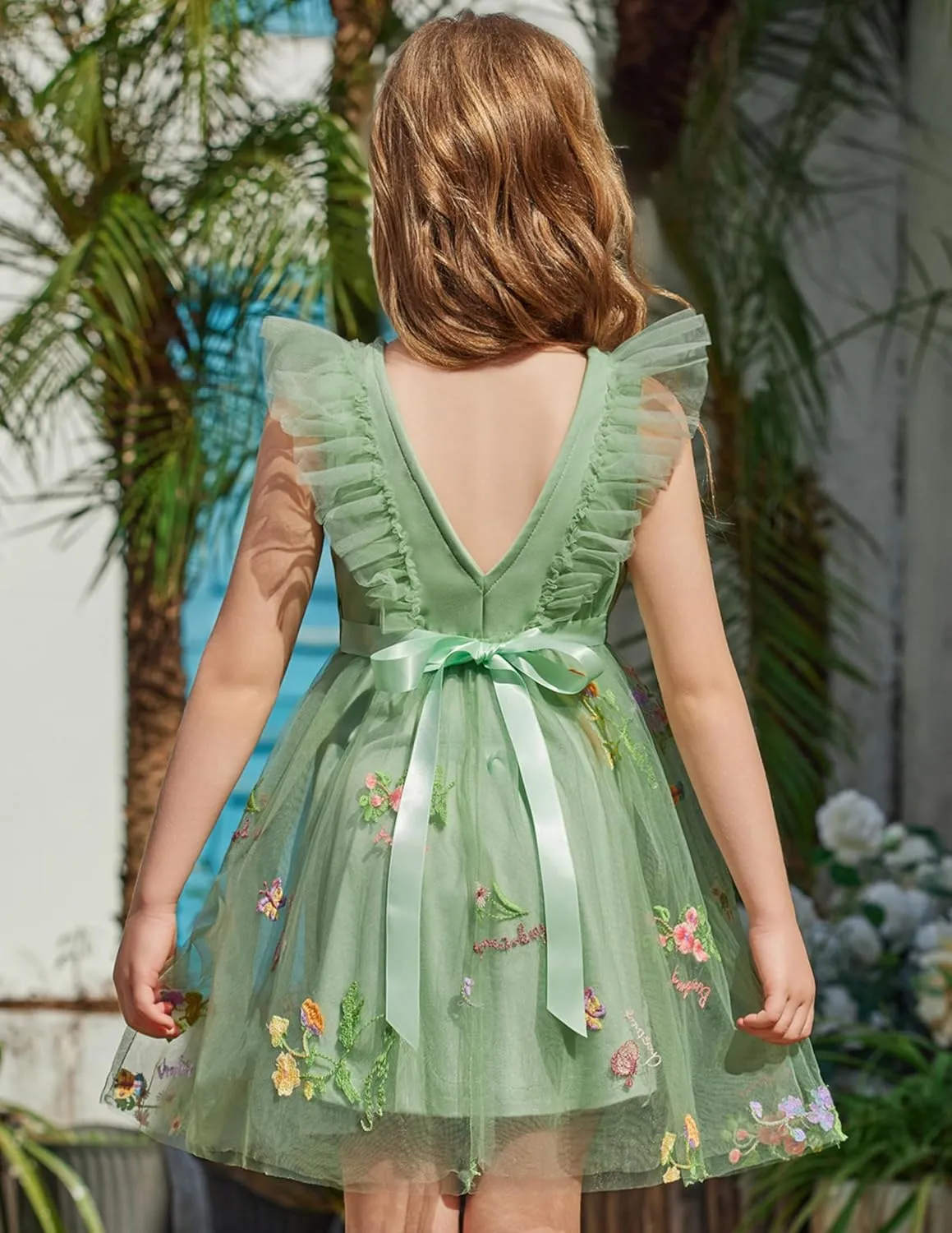 Arshiner Toddler Dress Summer Ruffle Sleeve V-Back Tie Waist Flower Girl Dresses Wedding Tulle Outfit 2-8Y