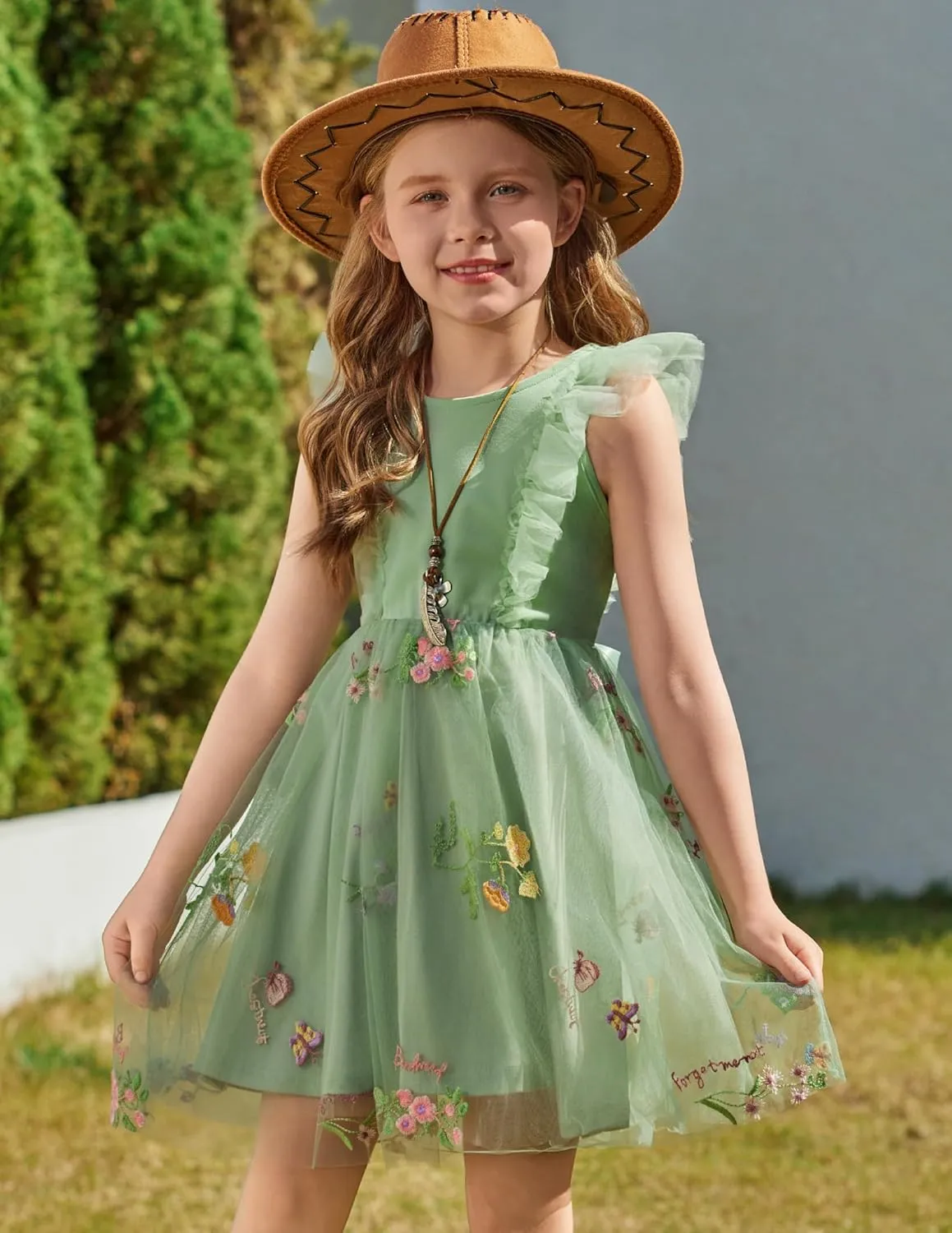 Arshiner Toddler Dress Summer Ruffle Sleeve V-Back Tie Waist Flower Girl Dresses Wedding Tulle Outfit 2-8Y