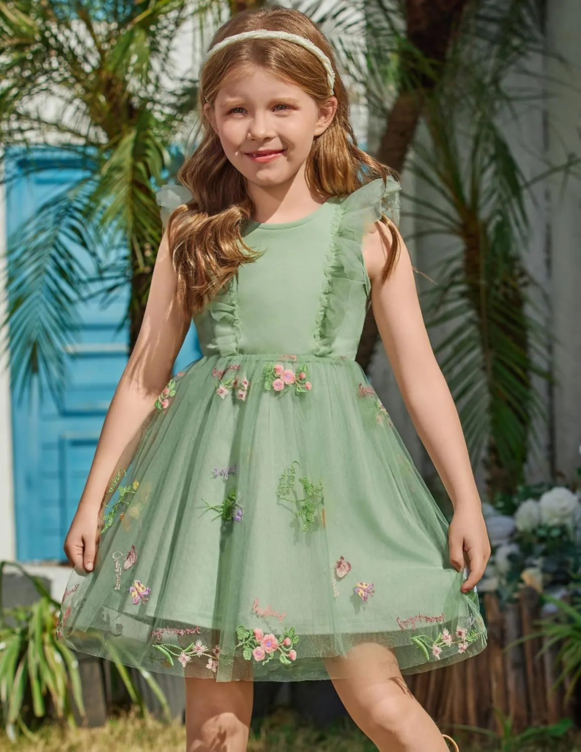 Arshiner Toddler Dress Summer Ruffle Sleeve V-Back Tie Waist Flower Girl Dresses Wedding Tulle Outfit 2-8Y