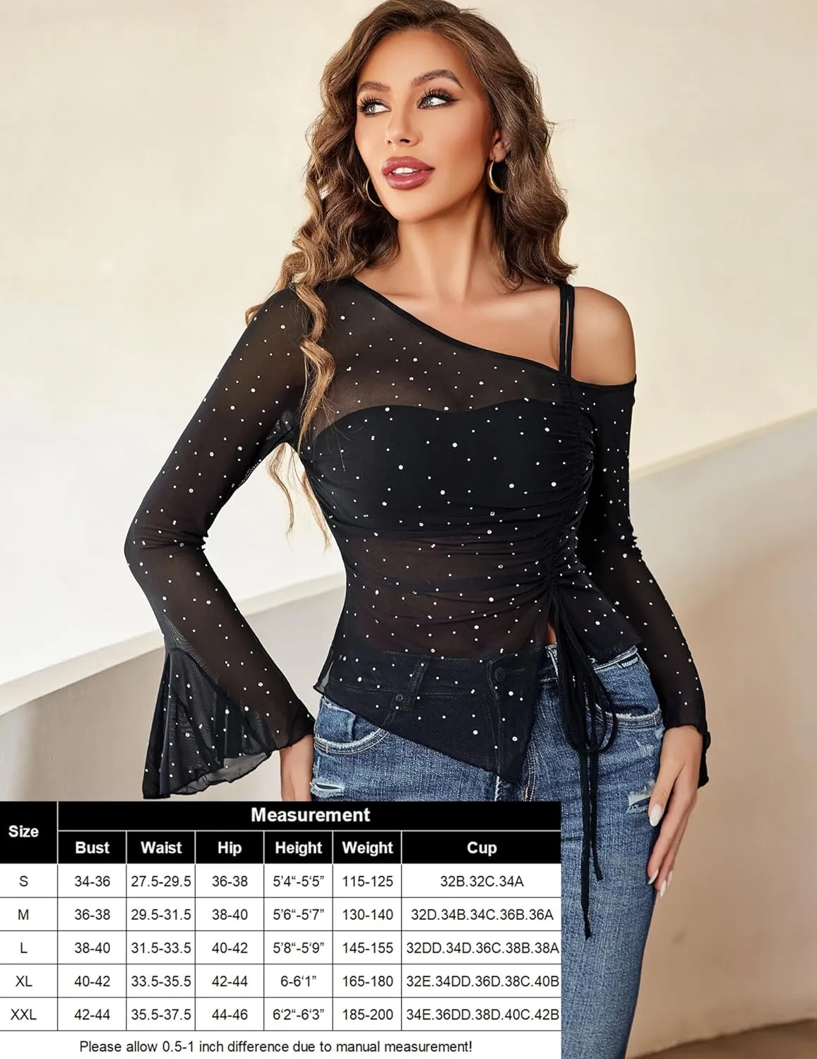Avidlove Women Mesh Top Long Sleeve Rhinestone Tops Off Shoulder Bell Sleeve Drawstring Blouse Sheer Sparkly Shirt S-XXL