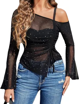 Avidlove Women Mesh Top Long Sleeve Rhinestone Tops Off Shoulder Bell Sleeve Drawstring Blouse Sheer Sparkly Shirt S-XXL