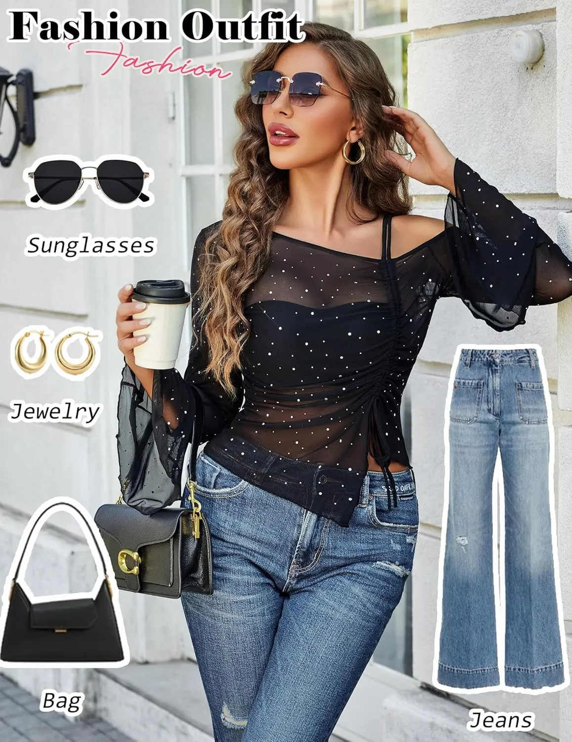 Avidlove Women Mesh Top Long Sleeve Rhinestone Tops Off Shoulder Bell Sleeve Drawstring Blouse Sheer Sparkly Shirt S-XXL