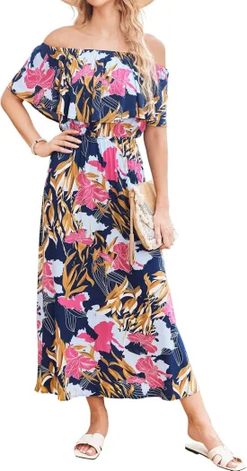 Bluetime Womens Maxi Dress Off Shoulder Floral Print Boho Beach Long Summer Dresses