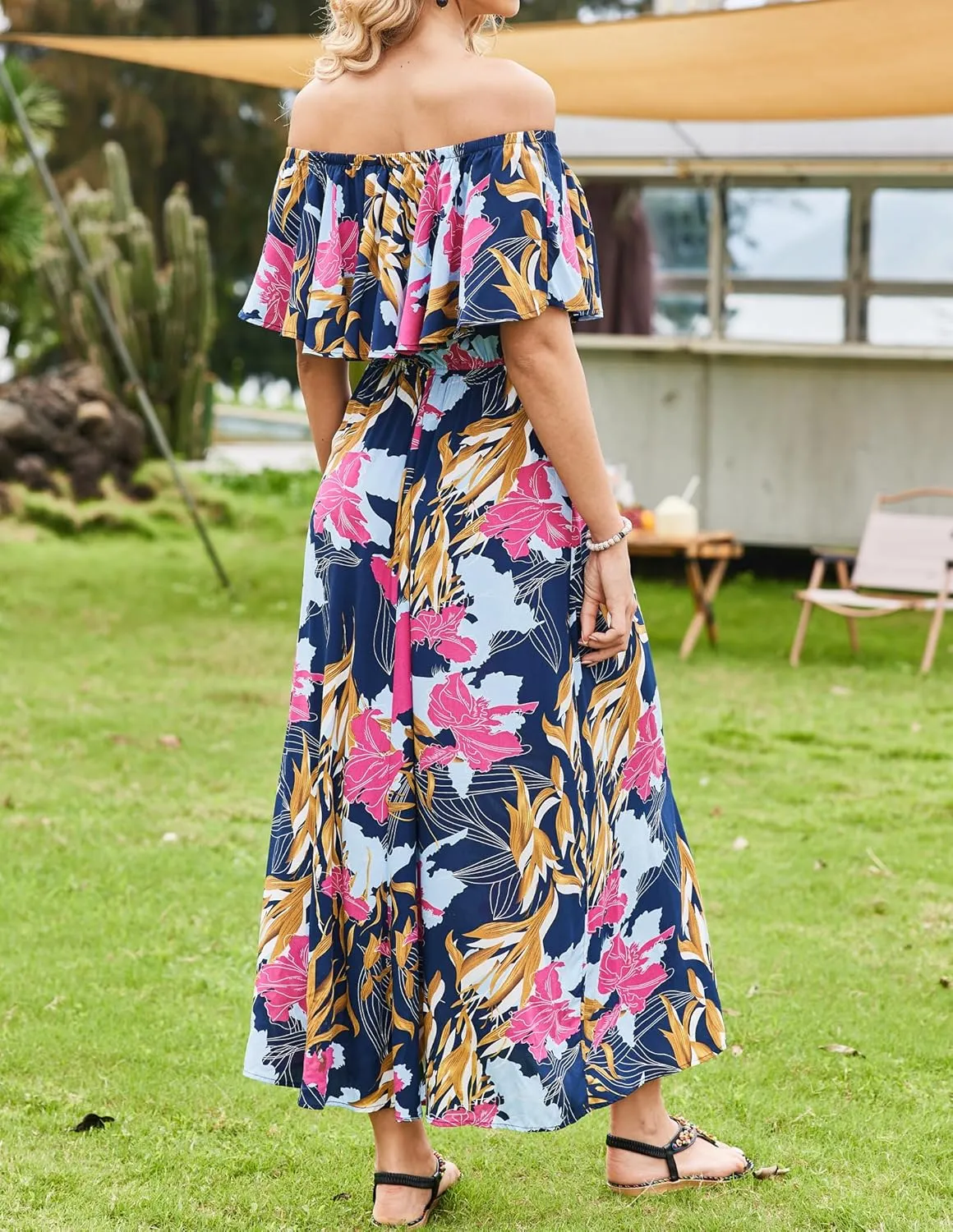 Bluetime Womens Maxi Dress Off Shoulder Floral Print Boho Beach Long Summer Dresses