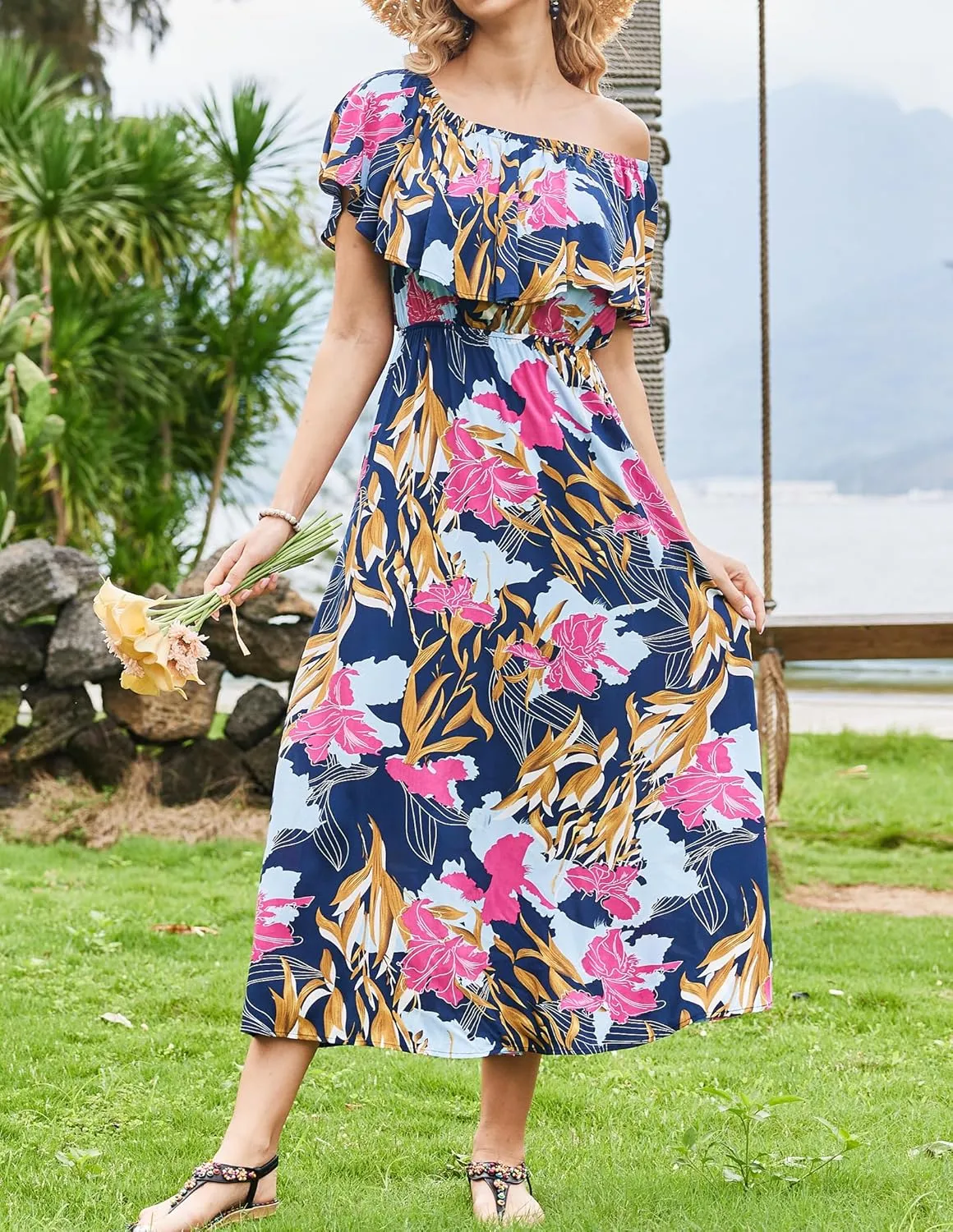 Bluetime Womens Maxi Dress Off Shoulder Floral Print Boho Beach Long Summer Dresses