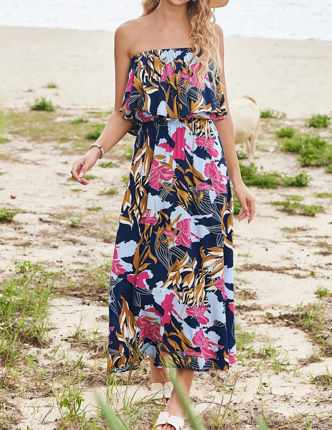 Bluetime Womens Maxi Dress Off Shoulder Floral Print Boho Beach Long Summer Dresses