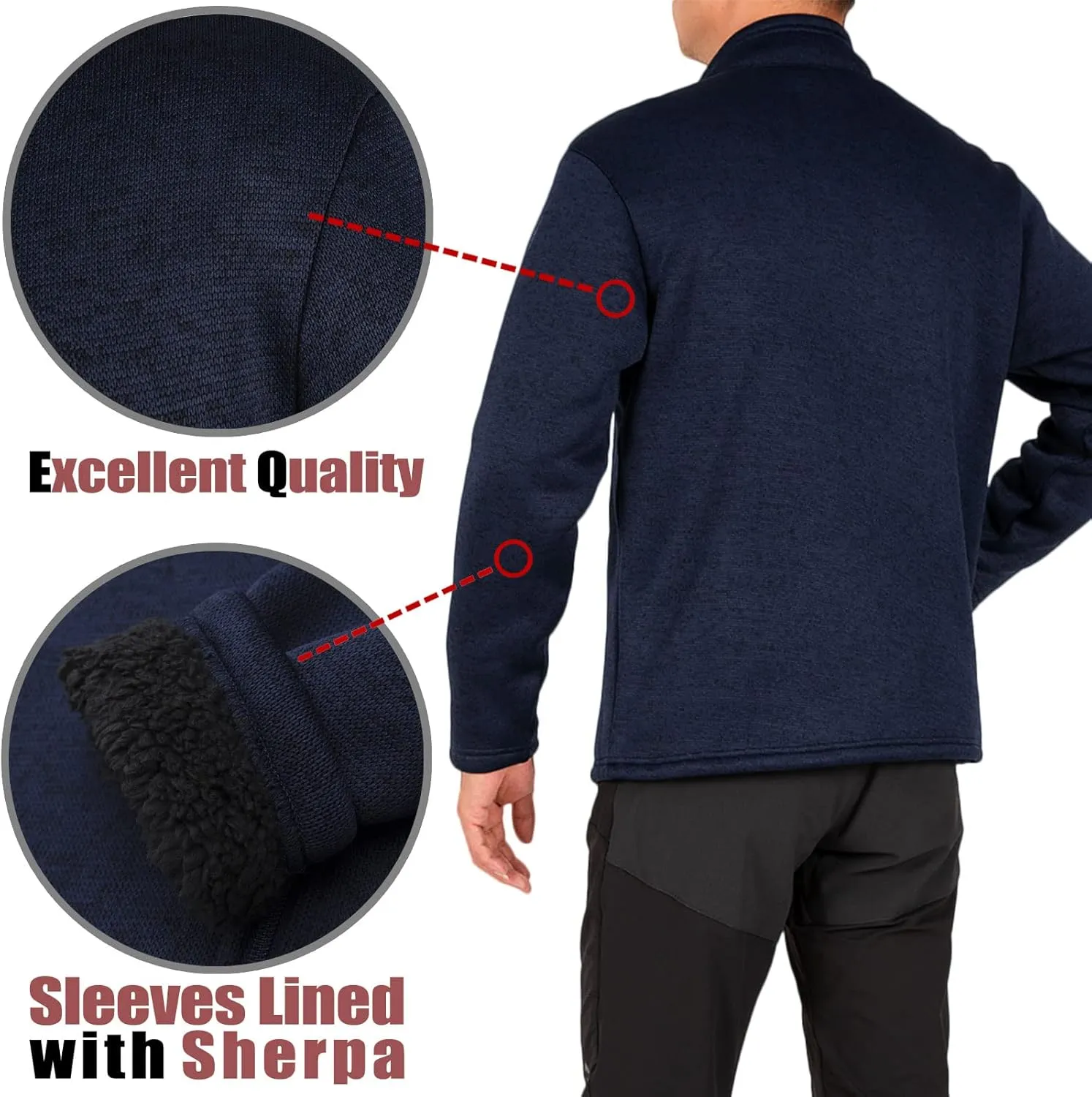 Bonnorth Men's Long Sleeve Sweater Fleece Jacket, Sherpa Lined Full Zip Windproof Outerwear with Zip Pocket