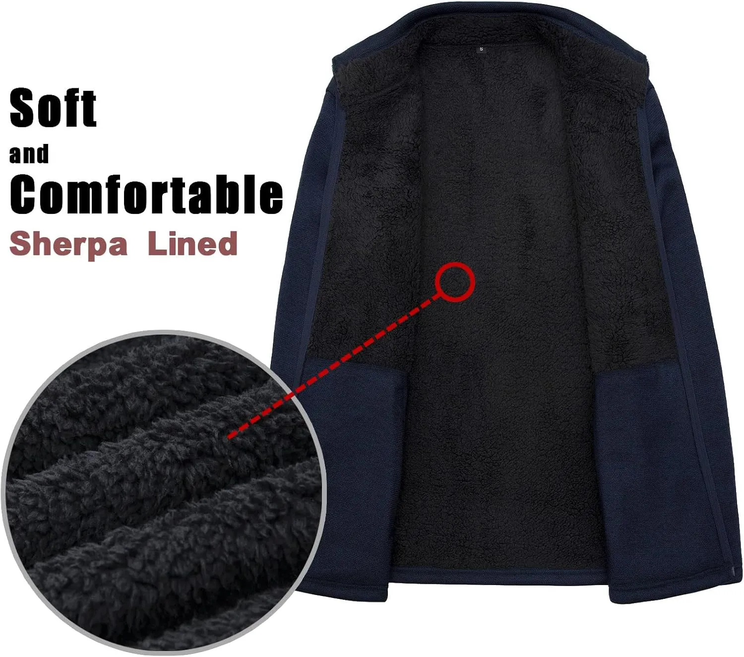 Bonnorth Men's Long Sleeve Sweater Fleece Jacket, Sherpa Lined Full Zip Windproof Outerwear with Zip Pocket