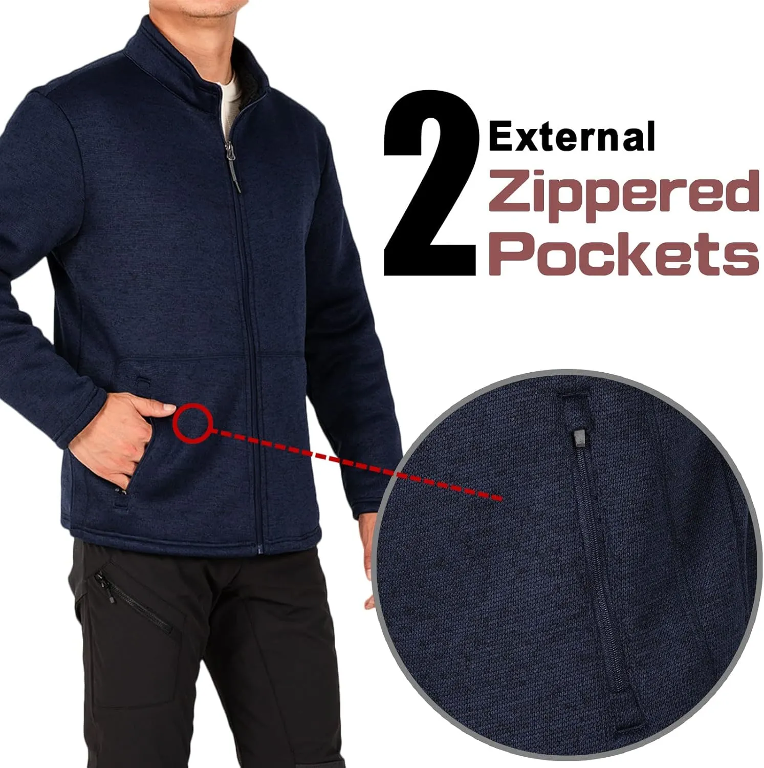 Bonnorth Men's Long Sleeve Sweater Fleece Jacket, Sherpa Lined Full Zip Windproof Outerwear with Zip Pocket