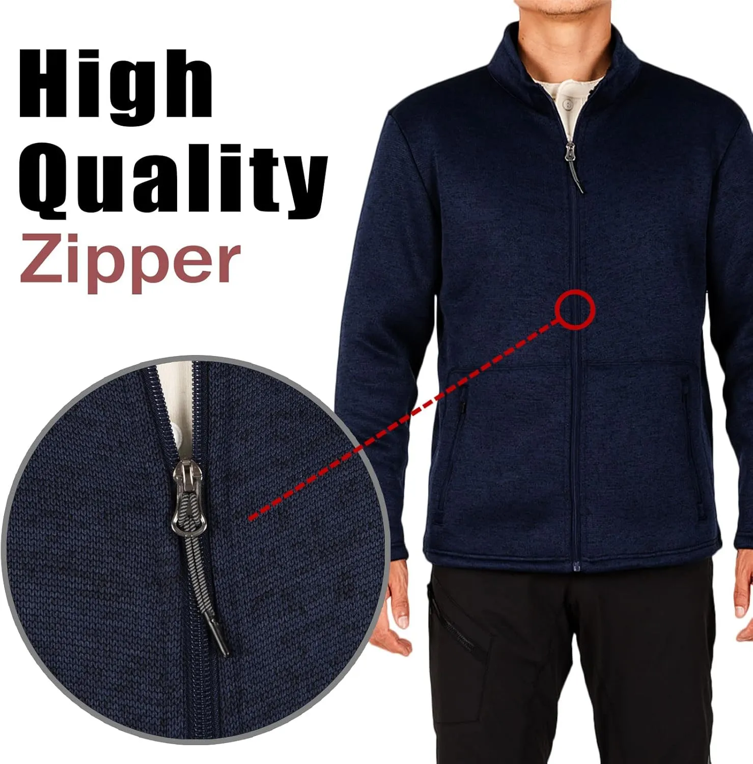 Bonnorth Men's Long Sleeve Sweater Fleece Jacket, Sherpa Lined Full Zip Windproof Outerwear with Zip Pocket