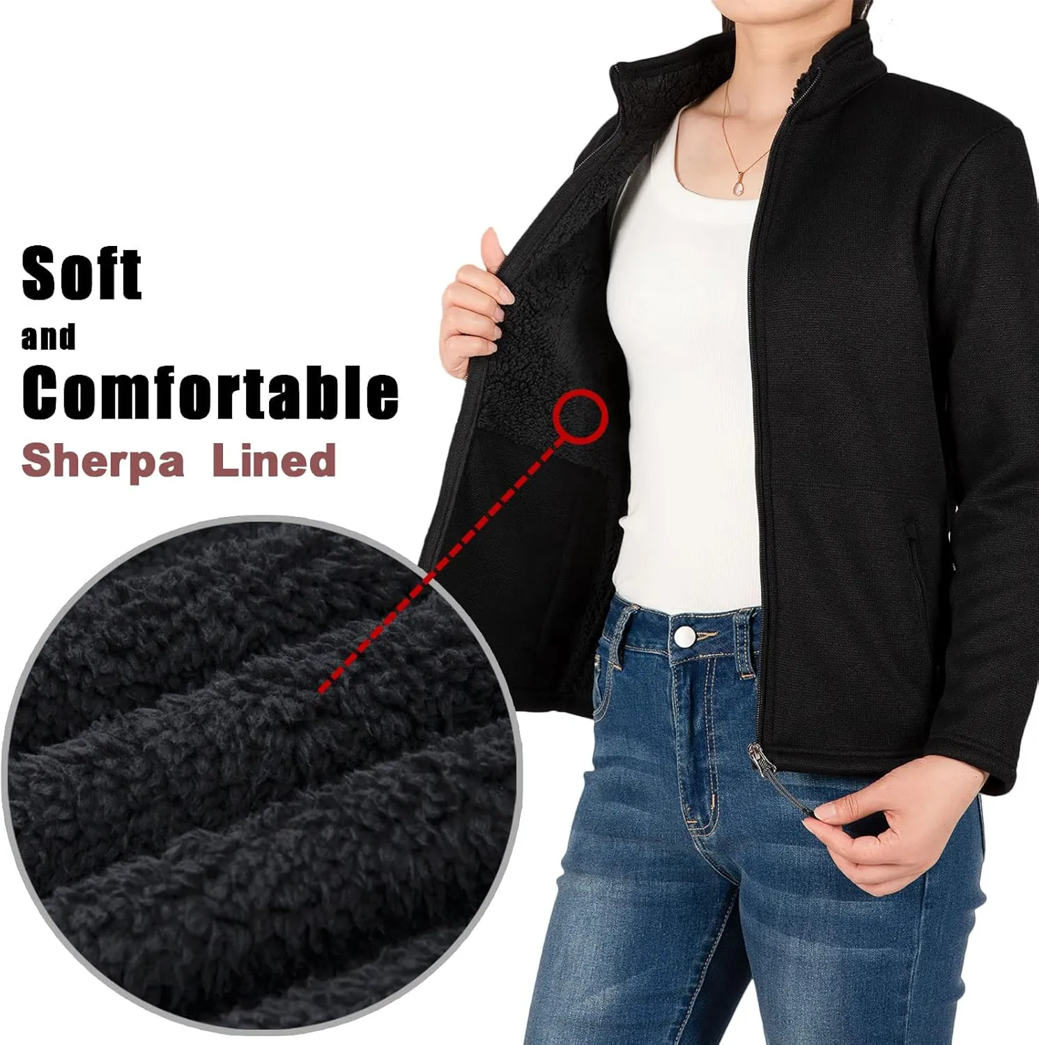 Bonnorth Women's Full Zip Sweater Fleece Jacket,Sherpa Lined Windproof Jacket with Zip Pocket