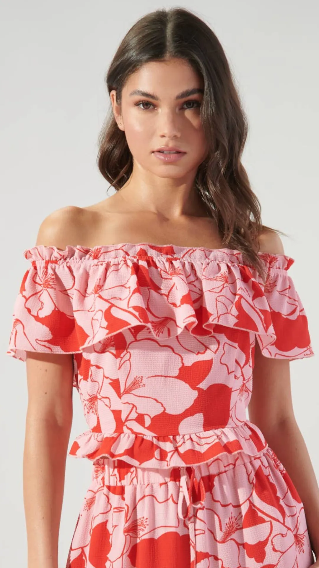 Caliente Pink Lemonade Ruffle Off the Shoulder Crop Top by Sugarlips