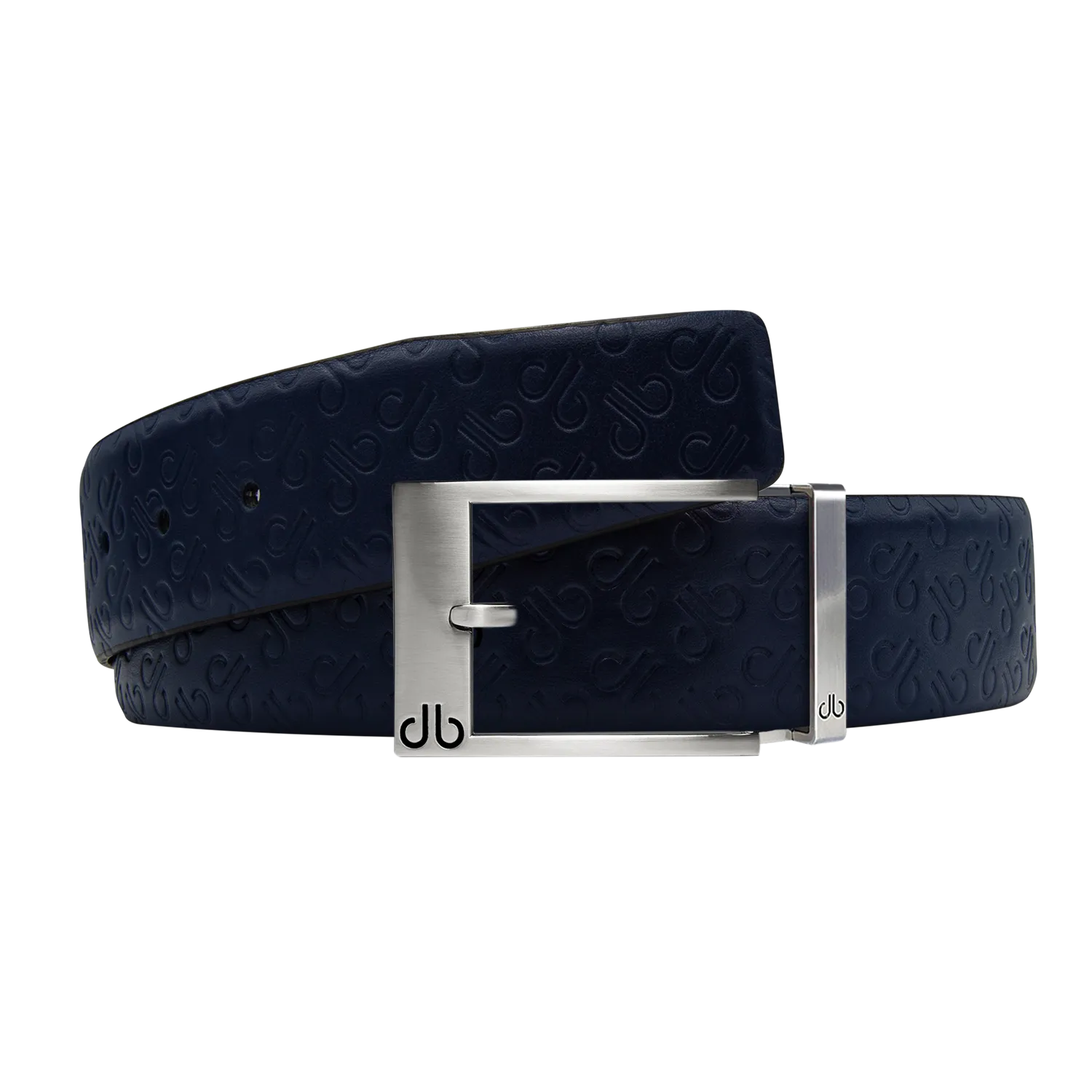 Dark Blue Db Icon Pattern Embossed Leather Belt With Silver Classic Prong Buckle