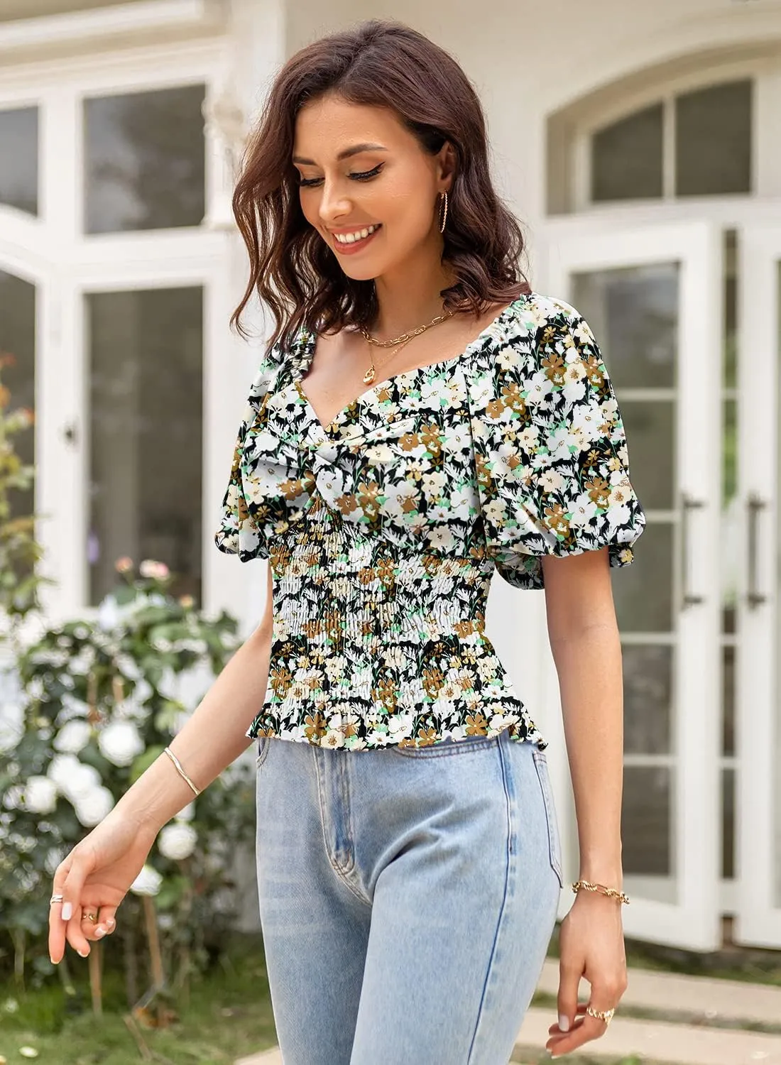DOROSE Women's Puff Sleeve Floral Tops Sweetheart Neckline Twist Front Smocked Crop Top Blouse