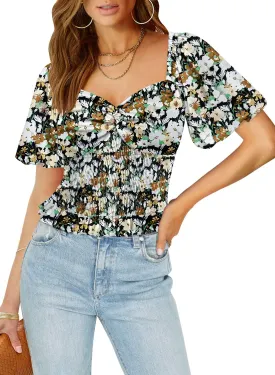 DOROSE Women's Puff Sleeve Floral Tops Sweetheart Neckline Twist Front Smocked Crop Top Blouse