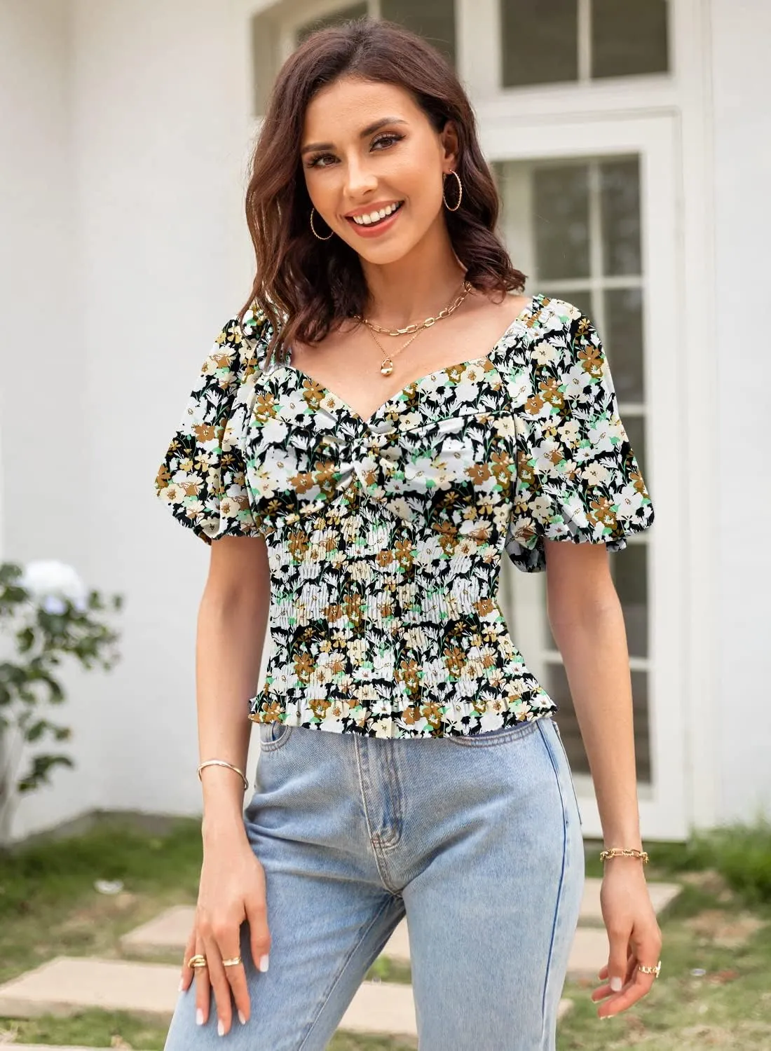 DOROSE Women's Puff Sleeve Floral Tops Sweetheart Neckline Twist Front Smocked Crop Top Blouse