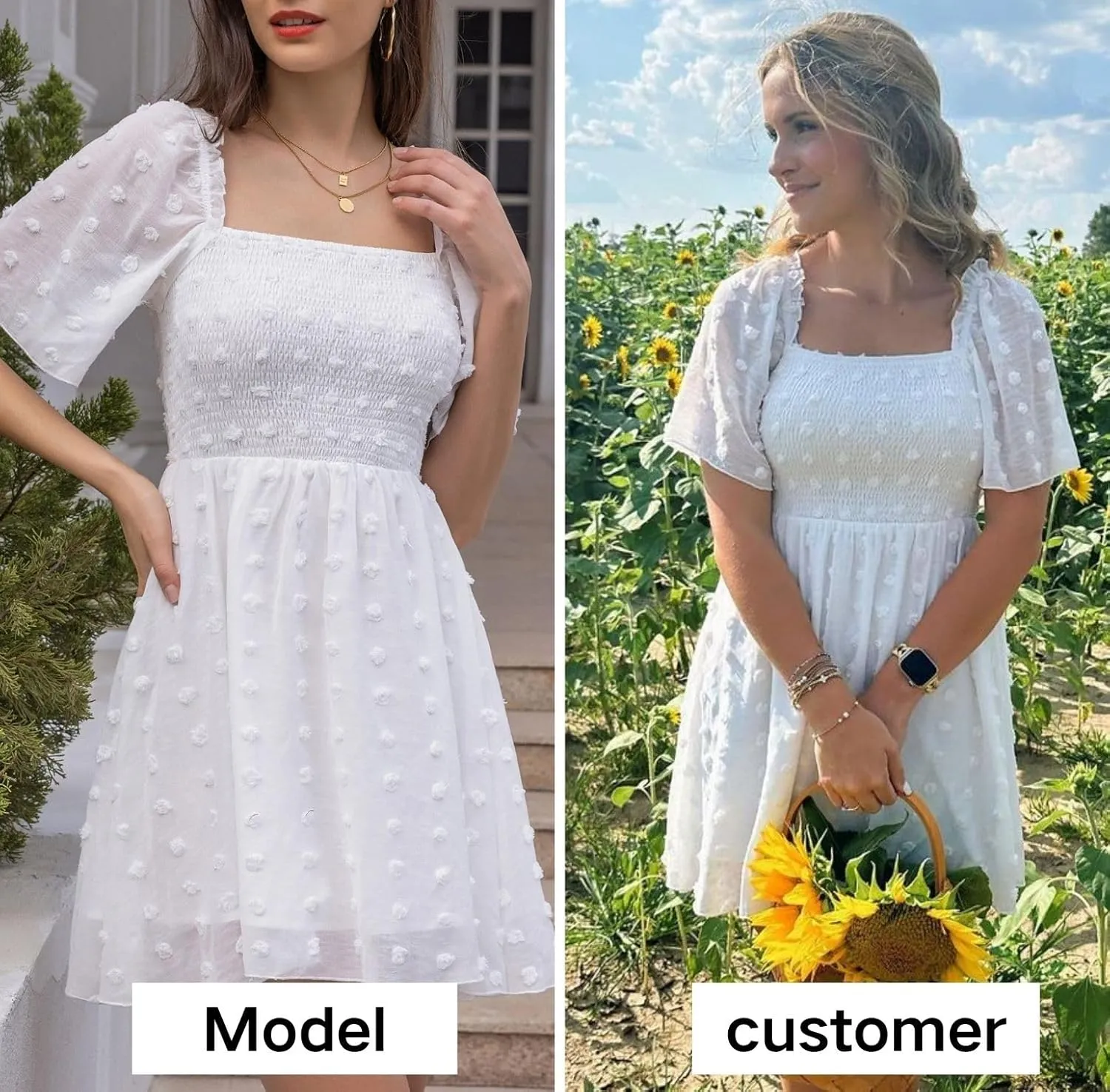 EXLURA Women's 2025 Summer Casual Square Neck Dresses Ruffle Short Sleeve Swiss Dot Flowy Mini Dress