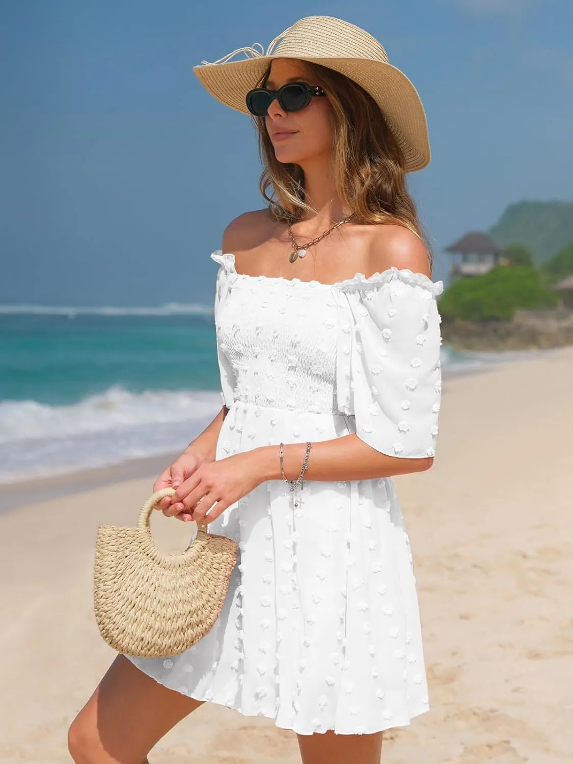 EXLURA Women's 2025 Summer Casual Square Neck Dresses Ruffle Short Sleeve Swiss Dot Flowy Mini Dress