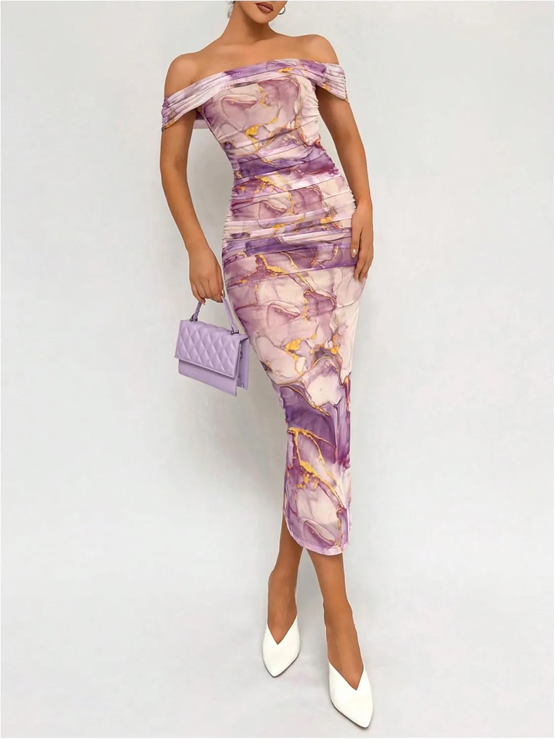 Floerns Women's Floral Print Off Shoulder Short Sleeve Ruched Bodycon Long Dress