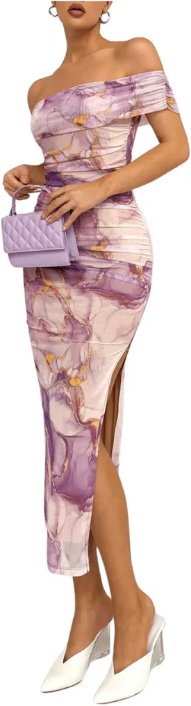 Floerns Women's Floral Print Off Shoulder Short Sleeve Ruched Bodycon Long Dress