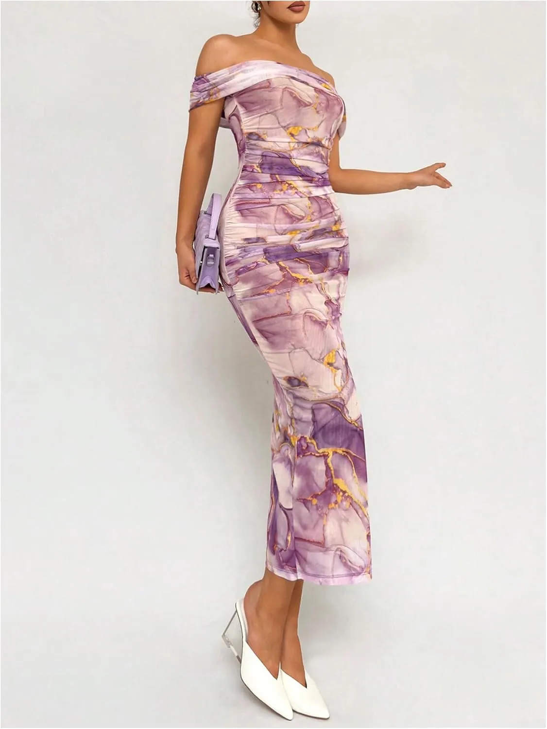 Floerns Women's Floral Print Off Shoulder Short Sleeve Ruched Bodycon Long Dress