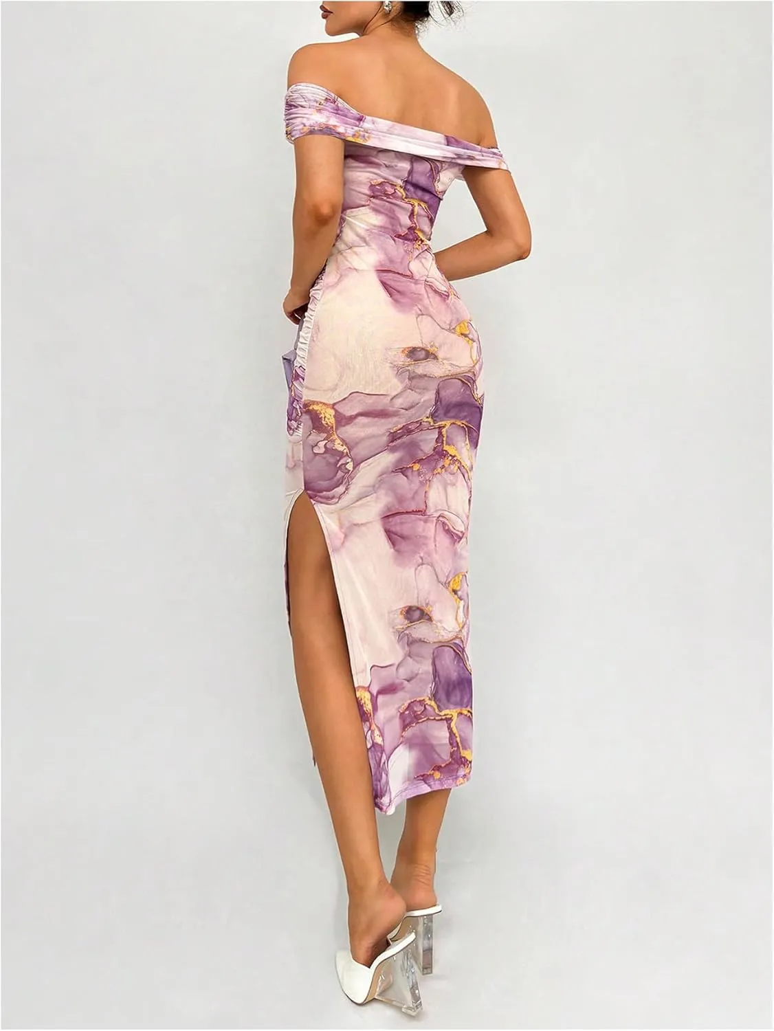 Floerns Women's Floral Print Off Shoulder Short Sleeve Ruched Bodycon Long Dress