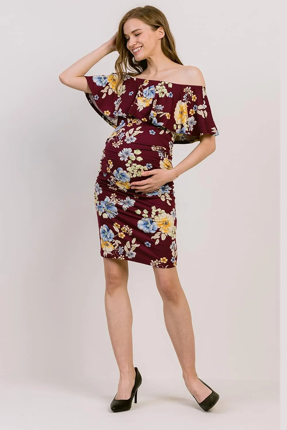 Hello MIZ Women's Floral Ruffle Off Shoulder Maternity Dress - Made in USA