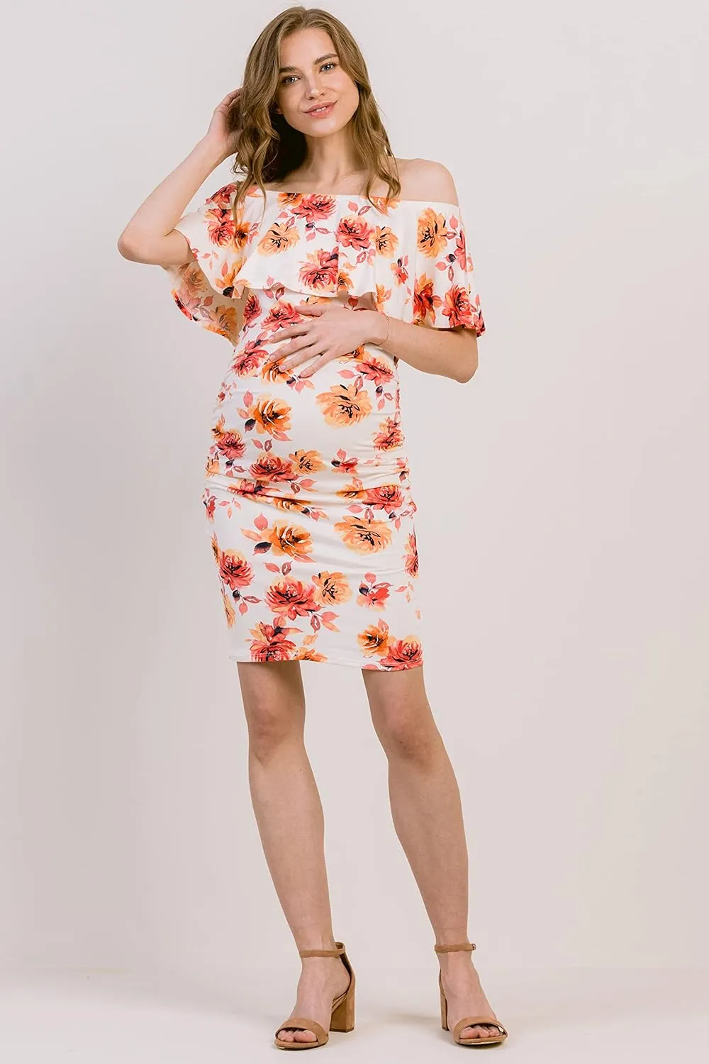 Hello MIZ Women's Floral Ruffle Off Shoulder Maternity Dress - Made in USA
