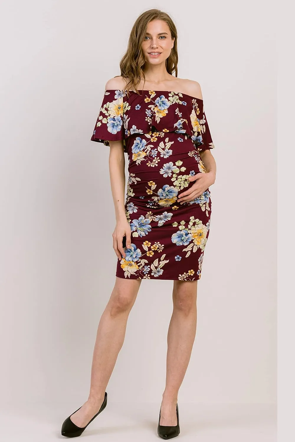 Hello MIZ Women's Floral Ruffle Off Shoulder Maternity Dress - Made in USA