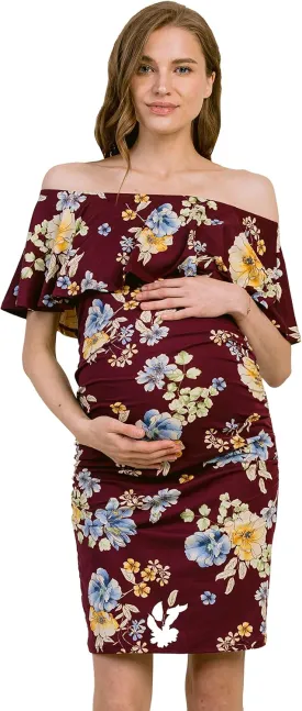 Hello MIZ Women's Floral Ruffle Off Shoulder Maternity Dress - Made in USA