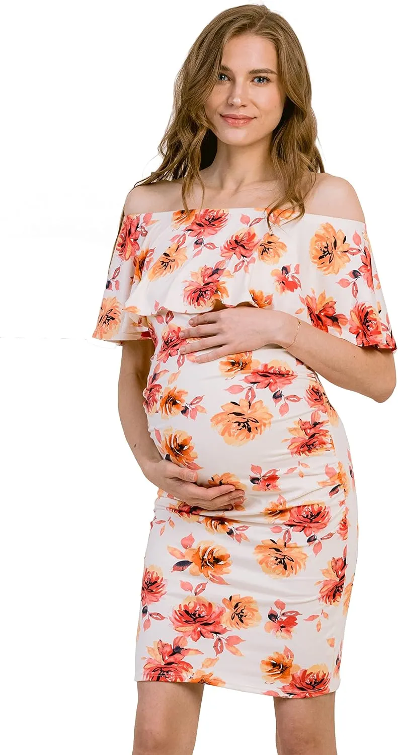 Hello MIZ Women's Floral Ruffle Off Shoulder Maternity Dress - Made in USA